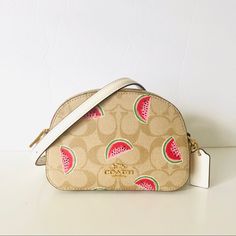 Nwt Coach Mini Serena Crossbody In Signature Canvas With Watermelon Print In Red & Green On Light Khaki Brown Coated Canvas W/ White Smooth Leather Strap And Gold Hardware. This Cute Little Mini Bag With The Fun Floral Watermelon Fruit Print Is Perfect For Summer. It Can Fit An Iphone X With Case. Nothing Bigger Than That. Color: Im/Lt Khaki/Red Multi Details: 2 Credit Card Slots Zip Closure, Fabric Lining Outside Slip Pocket Detachable Strap Drop 23" For Shoulder Or Crossbody Wear Style 2627 Coach Summer Shoulder Bag For Everyday, Summer Coach Shoulder Bag For Everyday Use, Chic Summer Coach Bags, Coach Bags For Summer Travel, Coach Bags For Travel In Summer, Coach Travel Bags For Summer, Summer Travel Coach Bags, Coach Bags For Daily Use In Summer, Watermelon Purse