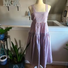 -Gorgeous Salmon And Blue Gingham Tiered Midi/Maxi Dress With Tie Back Detail -Fits Like A Size 12 -100% Rayon -No Visible Signs Of Wear Cotton Gingham Dress For Brunch, Gingham Sundress For Daywear, Plaid Sundress For Garden Party, Spring Sundress In Plaid Midi Length, Spring Plaid Midi Sundress, Sleeveless Gingham Midi Dress For Daywear, Dress With Tie, Blue Gingham, Gingham Dress