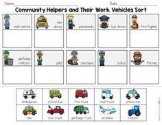 a worksheet for the community helpers and their work vehicles sort is shown