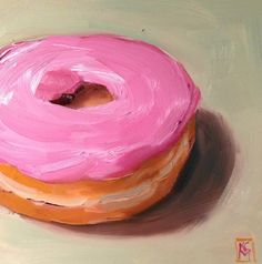 a painting of a pink frosted donut