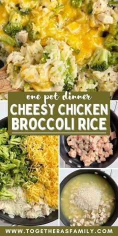 broccoli and chicken casserole is shown in four different pictures