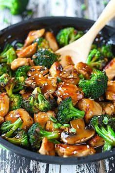 chicken and broccoli stir fry in a skillet