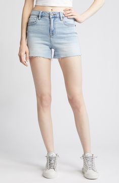 Cutoff hems amplify the off-duty appeal of these quintessential light-wash denim shorts. 3 1/2" inseam; 10" front rise Zip fly with button closure Five-pocket style 93% cotton, 5% polyester, 2% spandex Machine wash, tumble dry Imported Light Wash Straight Leg Shorts With Frayed Hem, Mid-rise Jean Shorts With Frayed Hem, Mid-rise Light Wash Shorts With Frayed Hem, Mid-rise Medium Wash Jean Shorts With Frayed Hem, Mid-rise Jean Shorts With Frayed Hem In Medium Wash, Mid-rise Light Wash Jean Shorts, Spring Light Wash Jean Shorts, Light Wash Cutoff Jean Shorts For Spring, Light Wash Jean Shorts With Frayed Hem For Spring