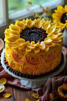 a sunflower cake on a wooden table