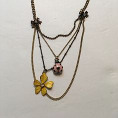 This Is A Brand New Betsey Johnson 3 Layer Necklace. Measures 20” Across And 10” Down When Worn. It Features A Cute Yellow Flower, A Pink Ladybug, And A Couple Of Bows. Feel Free To Ask Questions. Comes From A Smoke Free Home. 3 Layer Necklace, Betsey Johnson 1997 Fw, Betsey Johnson Fruit Dress, Strawberry Necklace, Betsey Johnson Bracelet, Betsey Johnson Watches 36 Mm Only, Pink Ladybug, Seahorse Necklace, Charm Choker Necklace