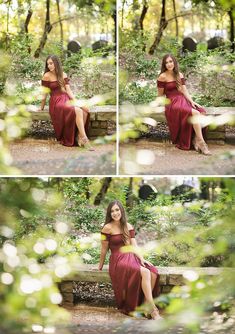 a woman in a red dress is sitting on a bench and posing for the camera