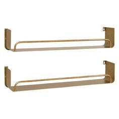 two gold metal shelves with one shelf on each side and the other above it, against a white background