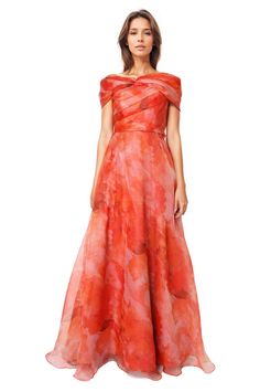 Twisted Off-The-Shoulder Organza Gown Organza Gowns, Beaded Chiffon, Designer Drapes, Column Gown, Stretch Lace, Orange And Purple, Wedding Bride, A Line Skirts, Mother Of The Bride