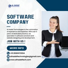 an advertisement for software company with a woman in front of a laptop and the words software company