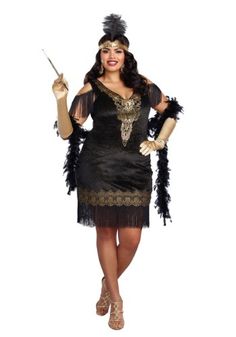 a woman in a black flap dress and feathered headdress holding a wand