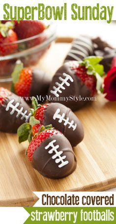 chocolate covered strawberries and footballs on a cutting board with text super bowl sunday