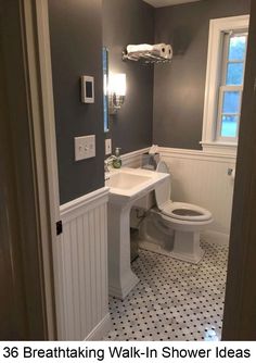 a white toilet sitting next to a sink in a bathroom under a window with the words, 35 breathtaking walk - in shower ideas