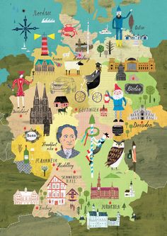 an illustrated map of germany with all the main cities