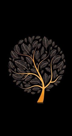 a golden tree on a black background with leaves in the shape of a leafy tree