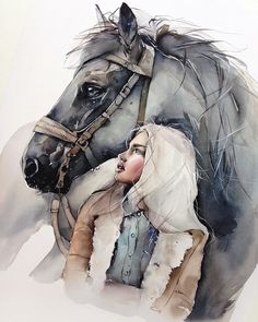 a watercolor painting of a woman with a horse on it's back and behind her