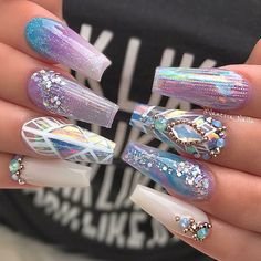 I wouldn't like the diamonds on my nails personally but these are cute Birthday Nails Rhinestones, Do It Yourself Nails, Nails Rhinestones, Coffin Acrylic Nails, Unicorn Nails, Blue Nail, Acrylic Nails Coffin, Birthday Nails