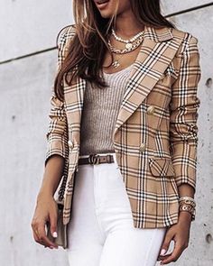 Casual Long Sleeve Plaid Coat sold by Womens Style on Storenvy Blazer E Short, Slim Blazer, Elegant Blazers, Plaid Outfits, Printed Blazer, Womens Blazers, Long Sleeve Blazers, Casual Blazer, Plaid Blazer