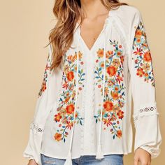 Beautiful Spring & Summer Vibrant Colors! Nwt - Never Worn No Flaws, No Stains, No Signs Of Wear At All! 20” Bust Approximately 25” Length Approximately White V-neck Top With Intricate Embroidery, White Blouse With Embroidered Sleeves For Fall, White Embroidered Top For Fall, White Long Sleeve Tops With Intricate Embroidery, White Embroidered Cotton Top For Fall, White Long Sleeve Embroidered Top With Floral Print, White Embroidered Top With Floral Print For Spring, White Long Sleeve Top With Floral Embroidery, White Top With Intricate Embroidery For Fall