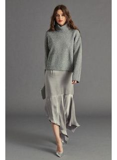 Uneven Rippled Bottom Satin Skirt 100% Polyester Hand Wash Cold Gray Midi Dress Outfit, Gray Midi Dress, Fall Forward, Trendy Sweater, Turtleneck Style, Trendy Sweaters, Cozy Knit, Swim Fashion, Satin Skirt