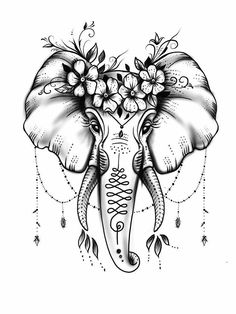 an elephant with flowers on it's head and the words love is in the air