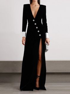 Long Sleeves Skinny Asymmetric Buttoned Shoulder Pad Split-Front Deep V-Neck Maxi Dresses BLACK-S Dresses Formal Elegant, Black Dress Formal, Elegant Party Dresses, Tuxedo Dress, Evening Gowns Elegant, Evening Dress Fashion, فستان سهرة, Elegant Dresses For Women, Mode Inspo