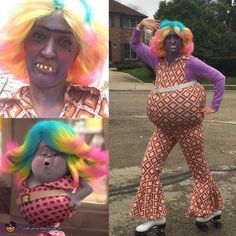 two pictures of a woman with colorful hair and an image of a man in clown makeup