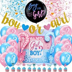 balloons, confetti and decorations for a gender reveal party with the words boy or girl on it