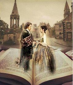 an open book with the image of a man and woman standing on top of it