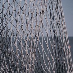 there is a large net that has many wires attached to it and some water in the background