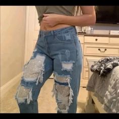 Super Cute Brand New Never Worn Casual Blue Jeans For Party, Chic Blue Jeans For Party, Blue Ripped Cotton Cargo Jeans, Blue Ripped Non-stretch Pants, Non-stretch Ripped Blue Bottoms, Cheap Non-stretch Women's Cargo Jeans, Ripped Jeans Fashion Nova, Fashion Nova Jeans, Colored Jeans