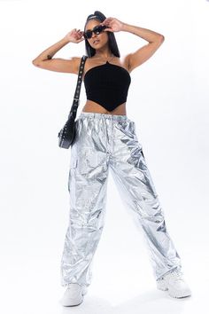 Metallic low waist cargo parachute pants, Side pockets,Fasten with self straps on waist and leg opening,Gathered featured, Oversized, Non stretchy. Low Waist Cargo, Aesthetic Y2k Outfits, Cargo Parachute Pants, Aesthetic Collection, Disco Style, Fiesta Outfit, Cargo Pants Outfit, Disco Outfit, Futuristic Fashion