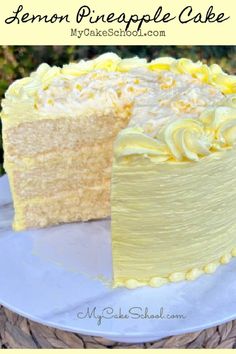 a lemon pineapple cake on a plate with the slice cut out and ready to be eaten