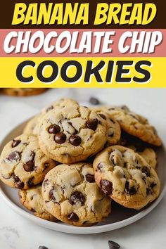 banana bread chocolate chip cookies on a plate with text overlay that reads, bananas bread chocolate chip cookies