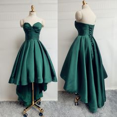 Dark Green Sweetheart High Low Party Dress, Green Homecoming Dress 2019 Slytherin Aesthetics, Green Satin Prom Dress, Pageant Dresses For Teens, High Low Party Dresses, High Low Evening Dresses, Sweetheart Homecoming Dress, Bride Elegant, High Low Prom Dress, Midi Dress Green