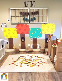 the room is decorated with colorful paper flowers