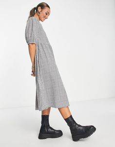 Monki checked midi dress in brown check | ASOS Chic Plaid Midi Dress, Chic Plaid Midi Dress For Work, Casual Plaid Midi Dress For Work, Casual Midi Length Puff Sleeve Dress For Work, Spring Plaid Midi Knee-length Dress, Fall Gingham Plaid Midi Dress, Plaid Short Sleeve Midi Dress For Daywear, Plaid Midi Dress For Work, Fall Plaid Midi Dress