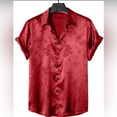 Brand New Never Worn Men’s Satin Shirt. Vibrant Red Short Sleeve Button Up Mens, Satin Shirt Men, Burgundy Shirt, Silhouette Dress, Short Sleeve Design, Red Fits, Men's Button Down Shirt, Satin Shirt, Mens Button Up