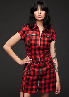 checkered mini dress Tartan Punk, Eighties Fashion, Victorian Jacket, Red Goth, Goth Shop, Studded Mini Dress, Punk Rock Style, Studded Shirt, Black Lace Choker