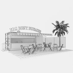 a black and white drawing of a restaurant with palm trees in the foreground,