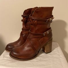 New! No Box But Have The Dust Covers! Freebird Size 12 Reddish Brown Heeled Booties Freebird Shoes, Freebird Boots, Strappy Block Heels, Western Booties, Brown Booties, Lace Up Booties, Brown Heels, Western Boho, Brown Ankle Boots