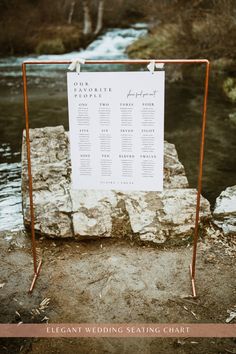 a sign that is sitting on some rocks by the water with a waterfall in the background