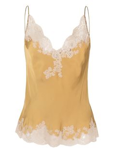 ochre yellow silk satin lace embroidered trim scallop edge plunging V-neck adjustable spaghetti straps Carine Gilson, Dressy Hats, Classy Blouses, Doll Halloween Costume, Ochre Yellow, Yellow Silk, Scallop Edge, Silk Camisole, Satin Top