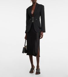 Elegant Office Blazer With Zipper Closure, Elegant Formal Blazer With Zipper Closure, Chic Formal Blazer With Zipper Closure, Satin Midi Skirt, Wool Blazer, Shoulder Pads, Online Store, Blazer Jacket, Midi Skirt