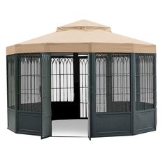 an outdoor gazebo with doors and windows on the sides, in front of a white background