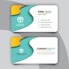 two business cards with abstract shapes on the front and back, one is blue and yellow