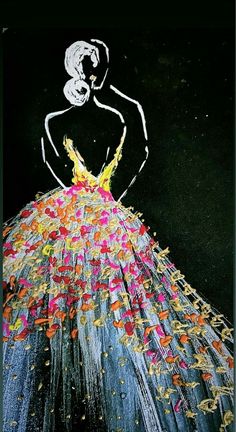 a drawing of a woman in a dress made out of paper and colored confetti