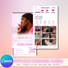 a pink and white business card with images of women's hands, nails and nail polish