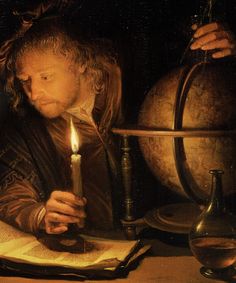 a painting of a man holding a candle in front of an open book and looking at it