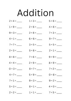 the addition worksheet is filled with numbers to help students learn how to use them