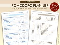 two versions of the pomodoro planner printable for wordpress and web